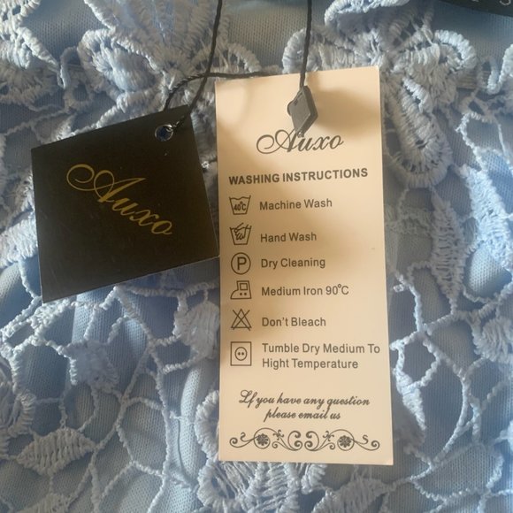 NWT AUXO COLLECTION BLUE OFF SHOULDER LACE/CROCHET DRESS SMALL - Picture 9 of 10